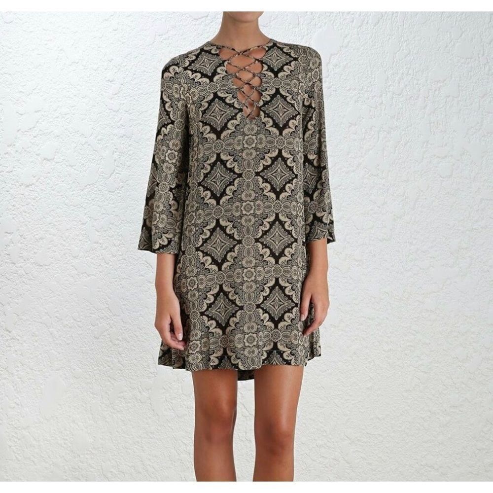 Zimmermann Women's Mini Shift Geometric Pattern Dress Sz 1 Lace Up Front Viscose